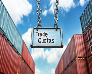Metal sign with 'Trade Quotas' hanging from chains against a backdrop of shipping containers.