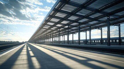 Obraz premium Hyper-realistic depiction of a sophisticated railway terminal construction, focusing on the intricate roof structure and platform installation