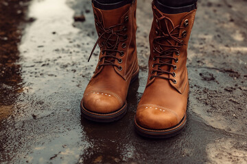 Leather pair of boots on the street in the rain