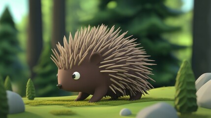 A cute, animated hedgehog exploring a lush forest environment.