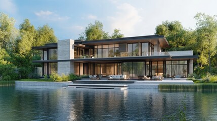 Obraz premium Contemporary home in a serene lake setting with modern design elements and stunning water views