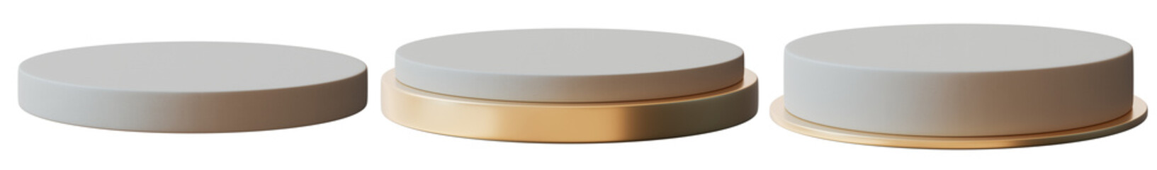 Three golden and beige round podiums on transparent background. Modern minimalist mock up for product display. Cut out pedestal or platform. Elegance and luxury. Premium merchandise. 3D render.