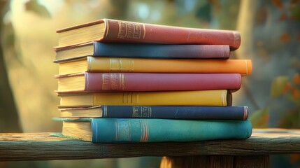 A stack of colorful books resting on a wooden surface in a serene outdoor setting.