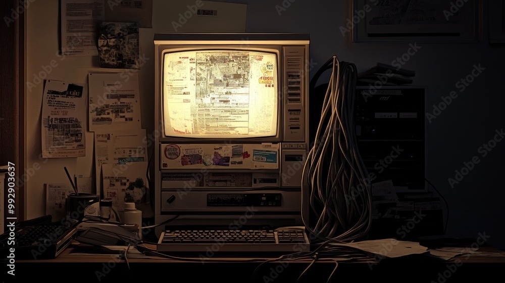 Poster a vintage computer setup illuminated in a dimly lit room, showcasing a nostalgic workspace.