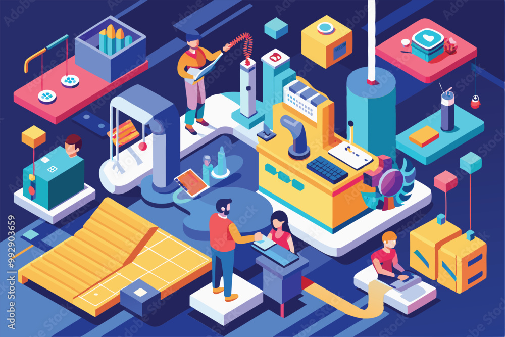 Poster a colorful isometric illustration features individuals engaged in various prototyping activities in 