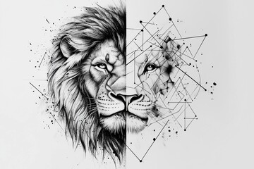 Realistic lion's head tattoo with geometric shapes