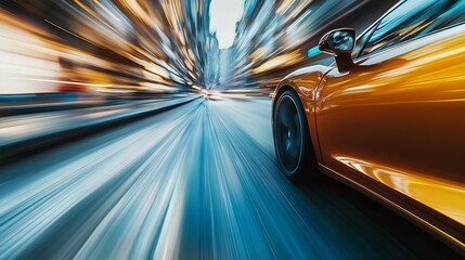 Blurred image of a fast-moving car captured during motion, creating an abstract sense of speed and movement. 