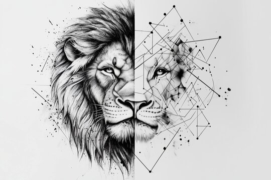 Realistic lion's head tattoo with geometric shapes