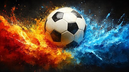 Naklejka premium A soccer ball engulfed in an explosion of vibrant orange and blue paint, symbolizing the intensity and passion of the sport.