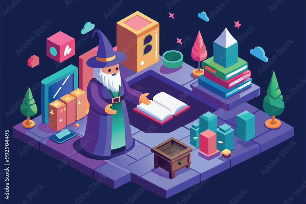 Poster a wizard stands in a colorful isometric illustration, preparing a magical setup with books and objec