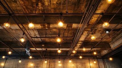 Industrial ceiling with exposed lights and pipes, creating a warm, ambient atmosphere.