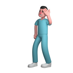 3D Medical Practitioner. A male nurse is standing with his left hand holding his head while his right hand is on his waist. Male Nurse