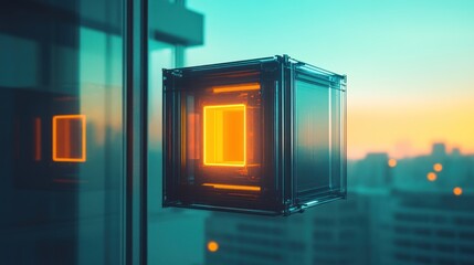 Fototapeta premium A glowing cube suspended in a modern urban setting at sunset.