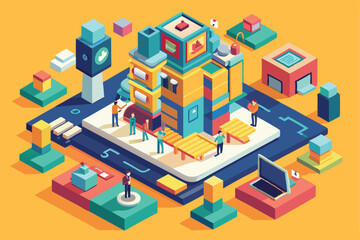 Fototapeta premium This illustration features a vibrant urban setting with people interacting around structures and technology, Customizable Isometric Illustration Synced