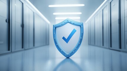 Blue shield icon with a checkmark in a modern server room, representing cybersecurity, data protection, and network security.