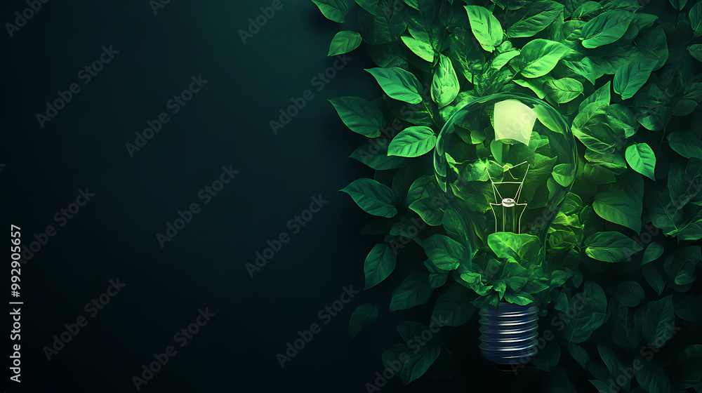 Wall mural glowing eco-friendly bulb amidst green leaves