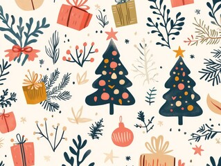 2408 11.A large seamless pattern featuring a variety of Christmas elements such as decorated trees, wrapped gifts, stars, twigs, and leaves. The design is hand-drawn in a Scandinavian boho style,