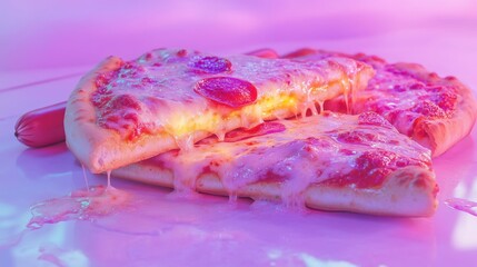 A close-up of a cheesy pepperoni pizza with melting cheese on a colorful background.