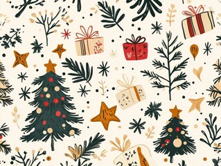 2408 11.A large seamless pattern featuring a variety of Christmas elements such as decorated trees, wrapped gifts, stars, twigs, and leaves. The design is hand-drawn in a Scandinavian boho style,