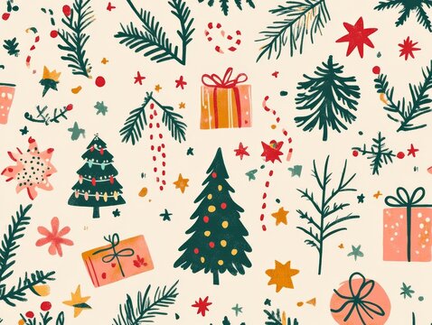 2408 12.A Christmas pattern filled with holiday icons like Christmas trees, presents, garlands, stars, and twigs, all illustrated in a cute Memphis boho style. The hand-drawn elements are arranged in