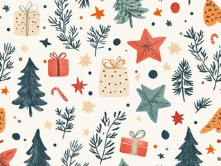 2408 14.A seamless pattern of Christmas elements, including stars, decorated trees, gifts, leaves, and garlands, hand-drawn in a Scandinavian boho style. The design features a playful mix of colors