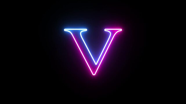 Glowing neon capital letter alphabet V animation. Purple and blue neon font letter "V" on black background. Educational concept
