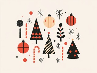 2408 25.A minimal art set of Christmas and New Year greeting cards, featuring festive elements like Christmas trees, baubles, and candy canes in a modern, sleek design. The refined typography and