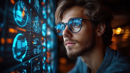 A young businessman interacts with a fintech icon on a virtual display, representing the impact of financial technology.