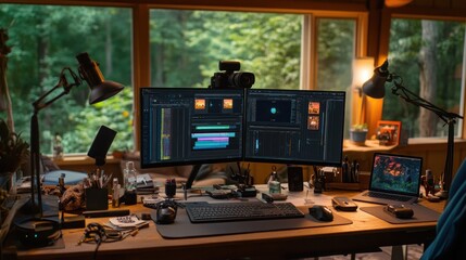 A creative workspace with dual monitors, camera, and nature view for video editing.