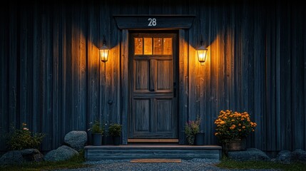 Fototapeta premium A warmly lit entrance featuring a wooden door and potted flowers, creating an inviting atmosphere.