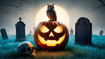 This spooky Halloween scene features a glowing jack-o'-lantern with an owl on top, surrounded by a graveyard with eerie blue grass, tombstones, and a skull, creating a creepy atmosphere.