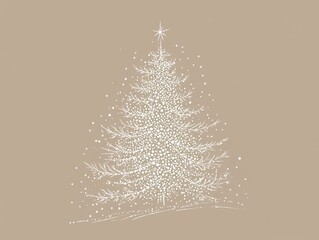 Dekokissen 2408 41.A minimalist hand-drawn illustration of a Christmas tree made of delicate white dots, resembling snowflakes or stars, arranged to form the shape of a tree. The treeâ€™s snowy needles are