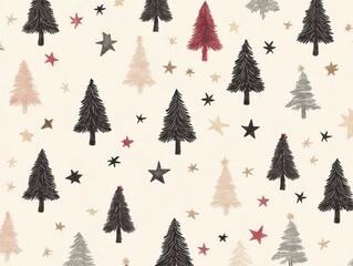 Obraz premium 2408 47.A seamless beige pastel pattern with Christmas trees and stars scattered across a light background. The New Year pines are illustrated in a simple, hand-drawn style, creating a festive yet