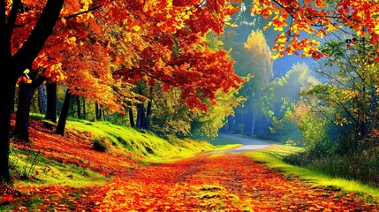 Fototapeta premium Stunning Natural Autumn Forest Scenery: A Captivating Display of Seasonal Beauty. Explore the Golden Tones and Serene Charm.