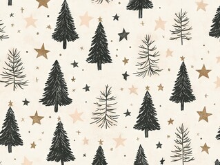 2408 50.A repeating pattern of Christmas trees and stars on a soft beige pastel background. The hand-drawn New Year pines are complemented by small star details, creating a serene and festive holiday