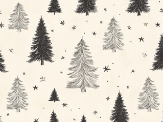Fototapeta premium 2408 50.A repeating pattern of Christmas trees and stars on a soft beige pastel background. The hand-drawn New Year pines are complemented by small star details, creating a serene and festive holiday