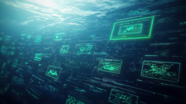 A vast underwater surveillance system using glowing holographic displays to monitor ocean ecosystems
