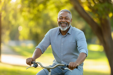 Happy mature senior black african american man riding his bicycle through a park on a sunny day