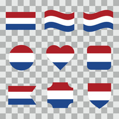 Set of Netherlands flag on a transparent background. Vector illustration