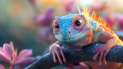 Fototapeta premium A vibrant lizard perched on a branch among colorful foliage.