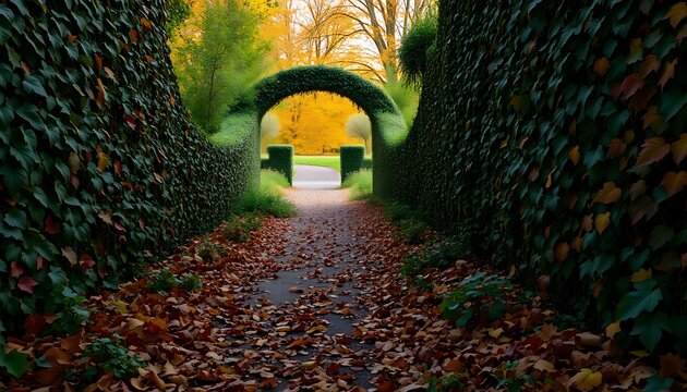 A quaint garden path, overgrown with ivy and covered in a thick layer of fallen autumn leaves in shades of red, orange, and yellow.