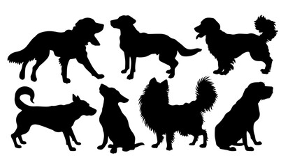 Seven Different Dog Races Silhouette Dog Set Black on White Vector