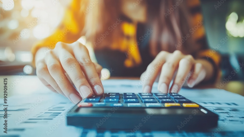 Poster a person using a calculator while working on paperwork.