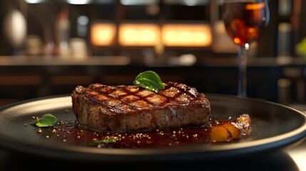 Close-up of a perfectly grilled steak, garnished and served on a black plate in an elegant restaurant setting.