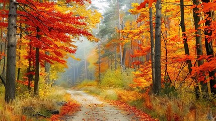 Fototapeta premium Stunning Natural Autumn Forest Scenery: A Captivating Display of Seasonal Beauty. Explore the Golden Tones and Serene Charm.