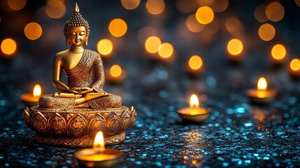 Golden Buddha Statue Surrounded by Flickering Candlelight, Creating a Serene and Spiritual Atmosphere