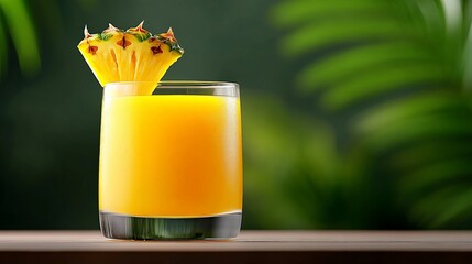 Refreshing Pineapple Juice: A glass of golden pineapple juice sits on a wooden table, a slice of pineapple perched on the rim, surrounded by lush tropical foliage, inviting a taste of paradise. 