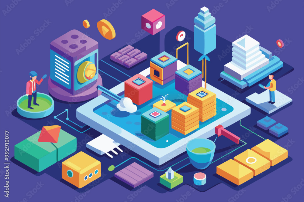 Poster an engaging scene where colorful blocks and shapes create a strategic puzzle environment for interac