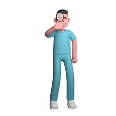 3D Professional in Nursing. A male nurse is standing with a magnifying glass in his right hand. Male Nurse