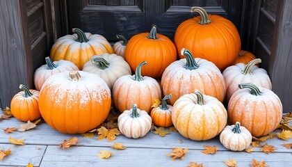 A collection of frost-dusted pumpkins of various sizes and colors, surrounded by scattered golden leaves, sits on an old, weathered wooden porch.